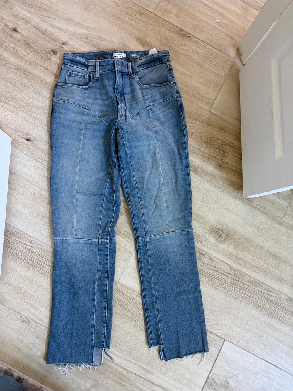 Good American Mid Blue Panel Cropped Jeans with Raw Hem
